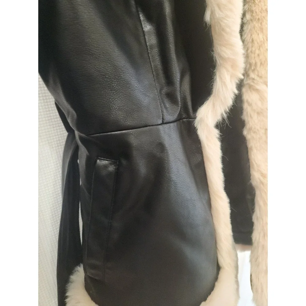 VTG Inspired Girls‎ Dark Brown Faux Fur & Faux  Leather Lined Belted Jacket Sz L